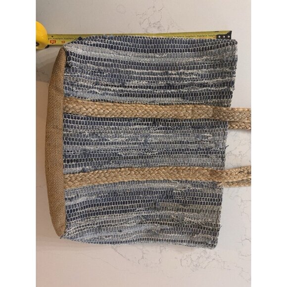Straw Beach Shoulder Bag Boho Woven Mudpie India Jute Raffia Blue Metallic - Picture 9 of 10